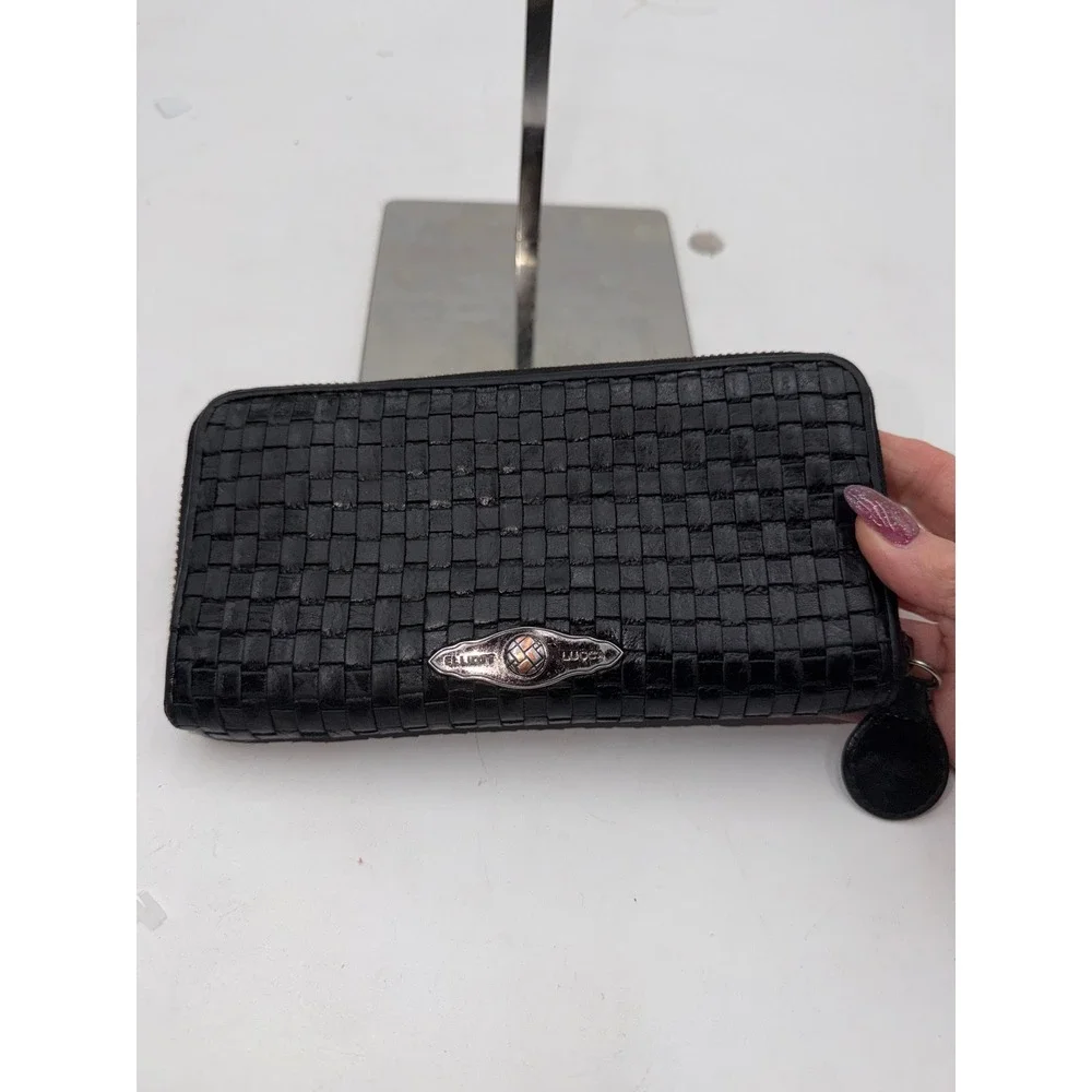 Elliott Lucca Black Woven Leather Zip Around Wallet with Exterior Pocket